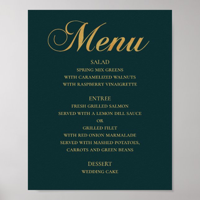 Gold wedding dinner menu. Teal elegant simple Poster (Front)