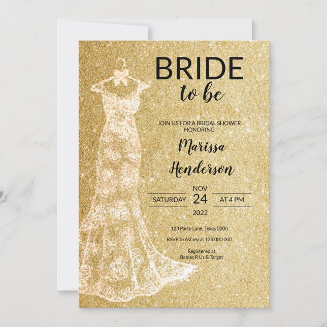 Gold Wedding dress Bridal Shower  Invitation (Front)