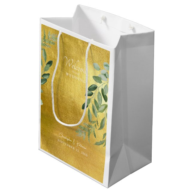 Gold Wedding Favour Welcome Foliage Medium Gift Bag (Back Angled)