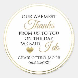 GOLD Wedding Heart Warmest Thanks Thank You Classic Round Sticker