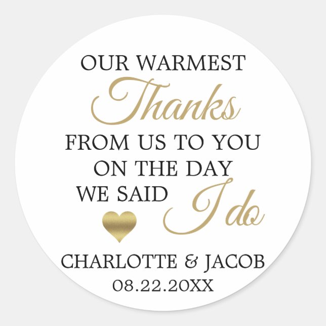GOLD Wedding Heart Warmest Thanks | Thank You Classic Round Sticker (Front)