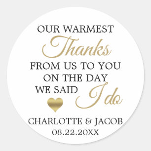GOLD Wedding Heart Warmest Thanks   Thank You Classic Round Sticker