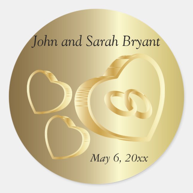 Gold Wedding Hearts and Rings | Personalise Classic Round Sticker (Front)