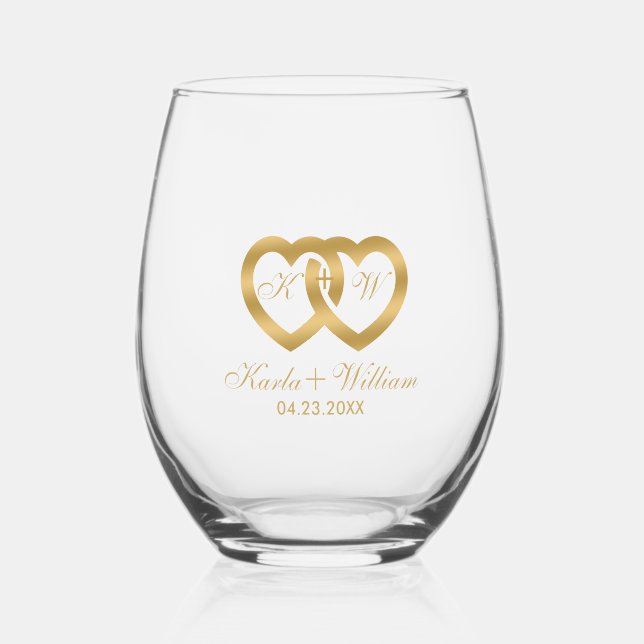 Gold Wedding Hearts, Heart Custom Typography Stemless Wine Glass (Front)