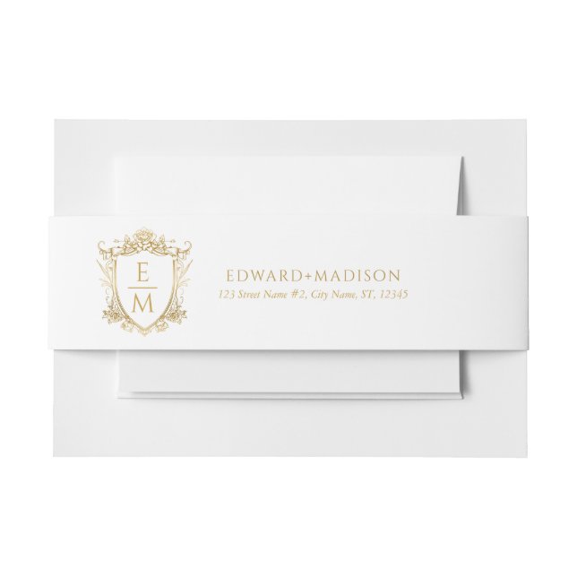 Gold Wedding Initials & Wedding Floral Crest  Invitation Belly Band (Front Example)