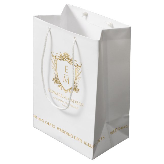 Gold Wedding Initials & Wedding Floral Crest  Medium Gift Bag (Front Angled)