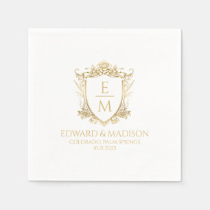 Gold Wedding Initials & Wedding Floral Crest Napkin