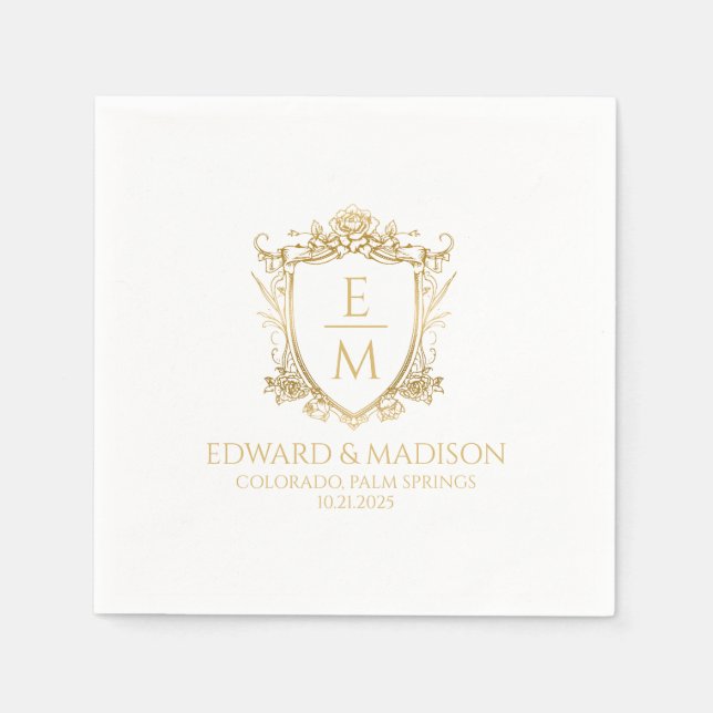 Gold Wedding Initials & Wedding Floral Crest  Napkin (Front)