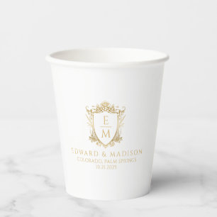 Gold Wedding Initials & Wedding Floral Crest  Paper Cups