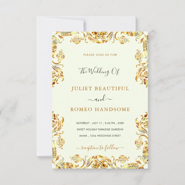 Gold Wedding Invitation Card Golden Floral Framed (Front)
