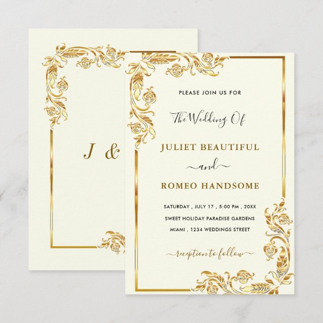 Gold Wedding Invitation Framed Golden Leaves (Front/Back)