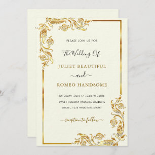 Gold Wedding Invitation Golden Leaves Framed