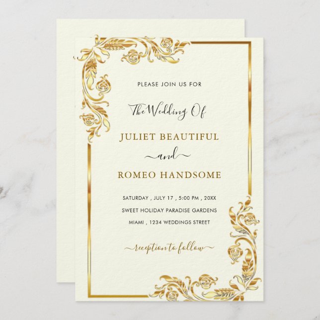 Gold Wedding Invitation Golden Leaves Framed (Front/Back)