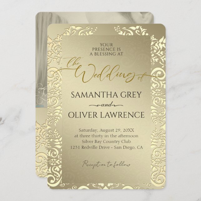Gold Wedding Invitation with Monogram & Photo (Front/Back)