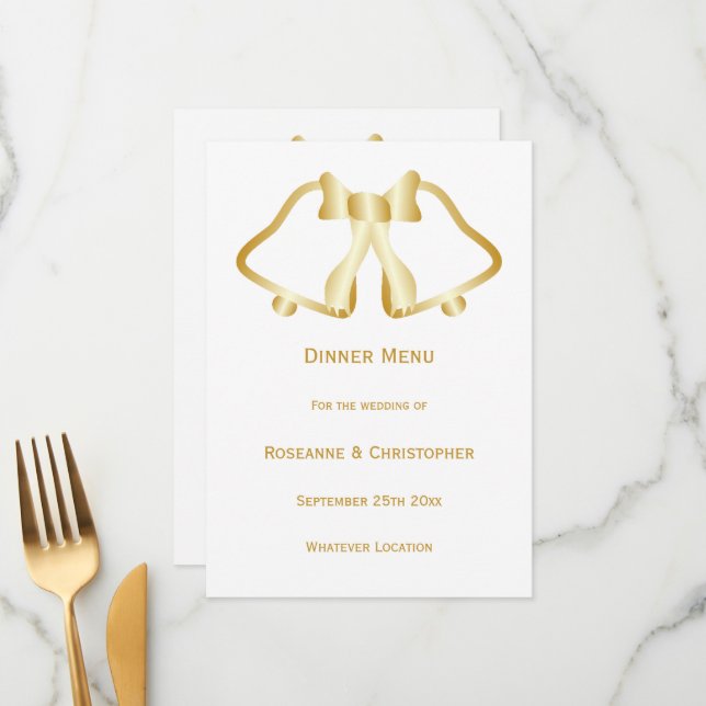 Gold Wedding Menu Bells And Ribbon (Front/Back In Situ)