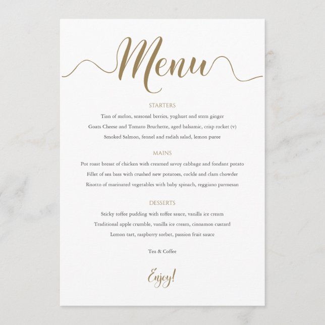Gold Wedding Menu Table Card (Front)