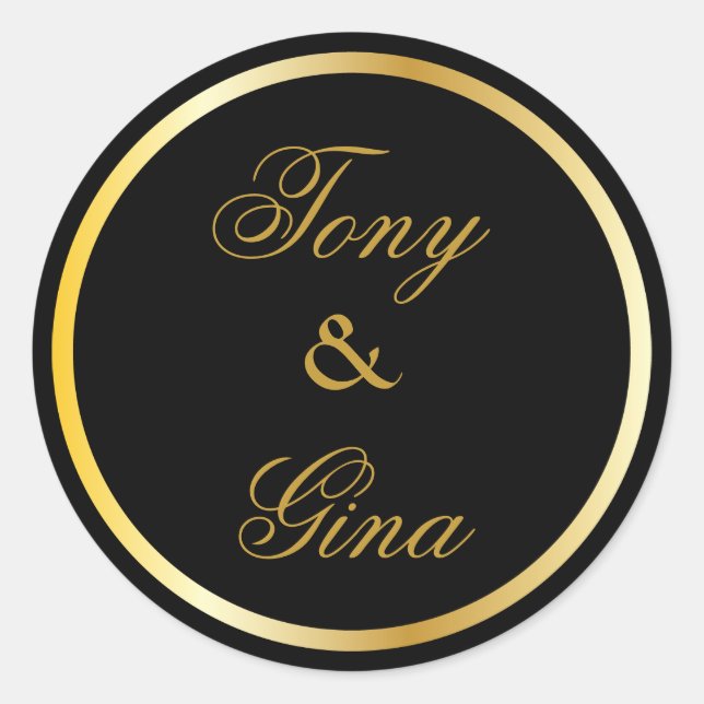 Gold Wedding Names Black Round Stickers (Front)