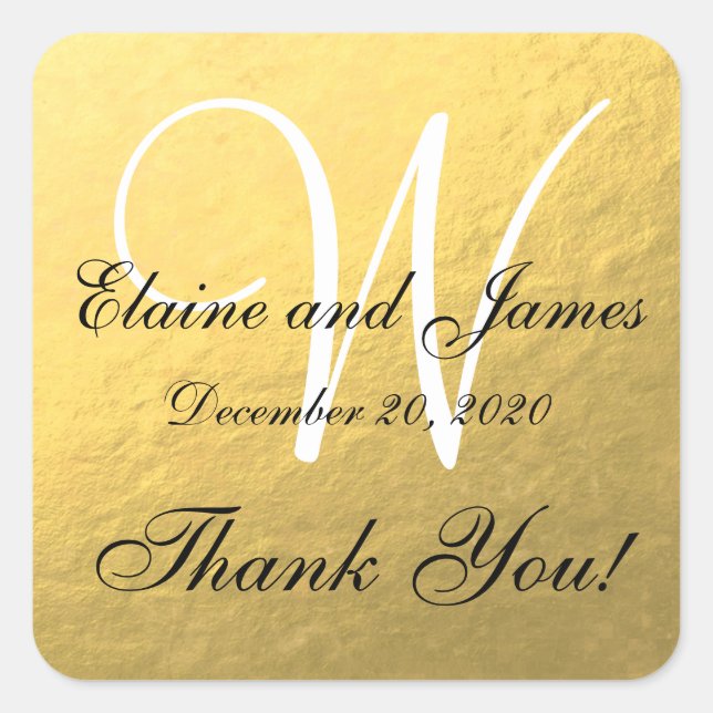 Gold Wedding Personalised Thank You Square Label (Front)
