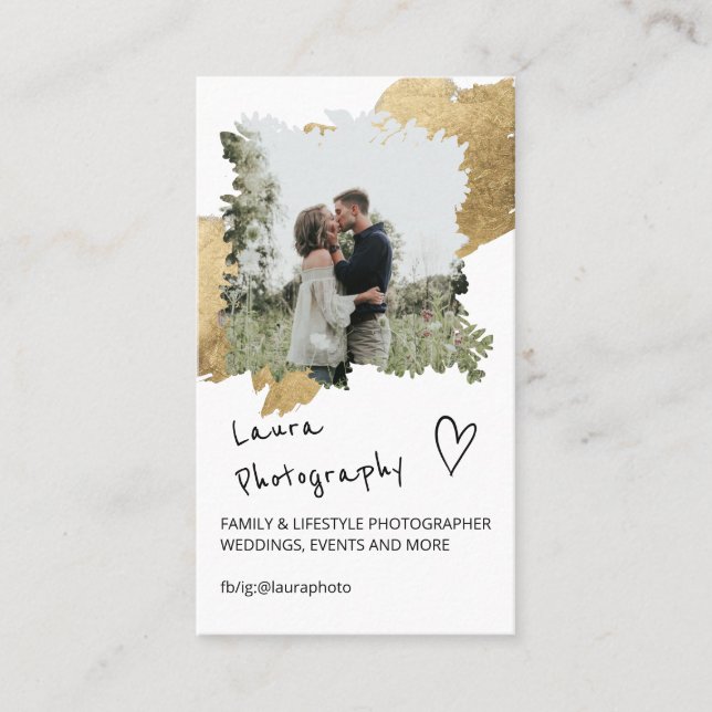 Gold wedding photographer floral 2 photo collage business card (Front)