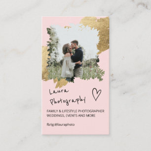 Gold wedding photographer pink floral 2 photo business card