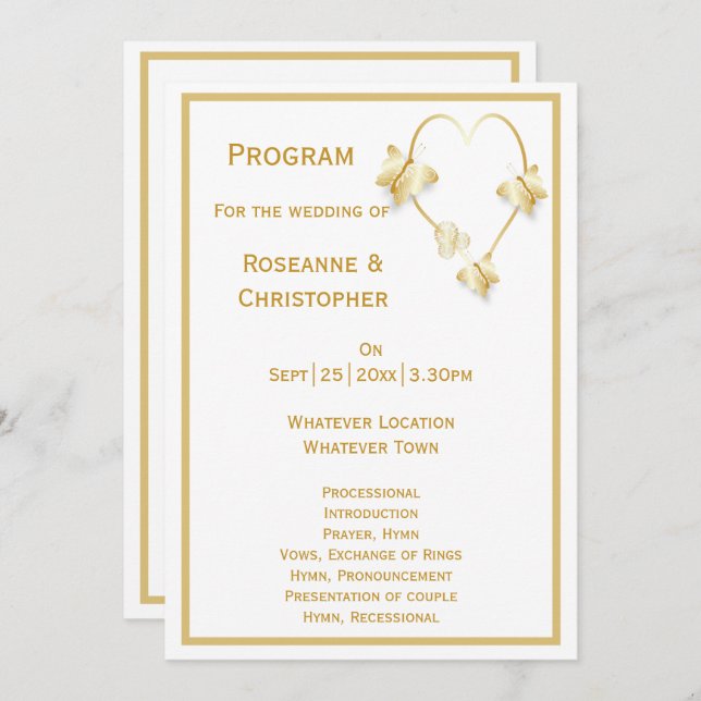 Gold Wedding Program Butterflies Heart Programme (Front/Back)