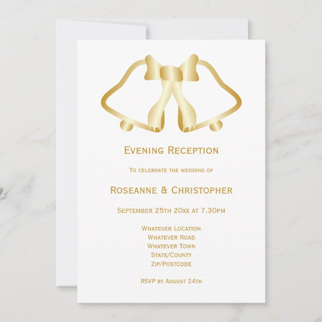 Gold Wedding Reception Invitation Bells Ribbon (Front)