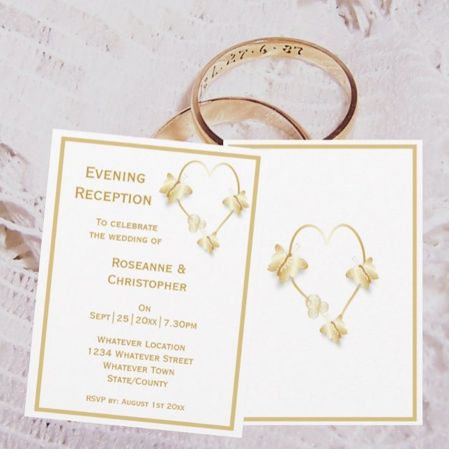 Gold Wedding Reception Invitation Butterflies (Gold wedding evening reception invitation butterflies heart design)