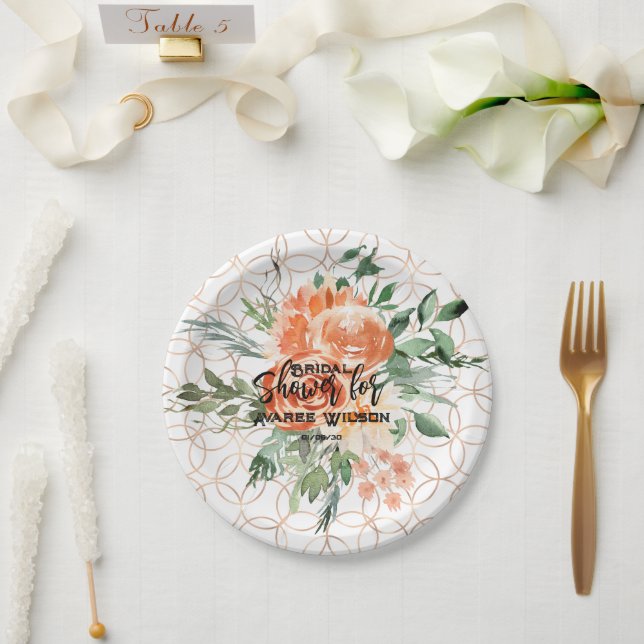 Gold Wedding Ring Pattern with Orange Roses Paper Plate (Wedding)