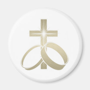 Gold wedding rings and cross art magnet