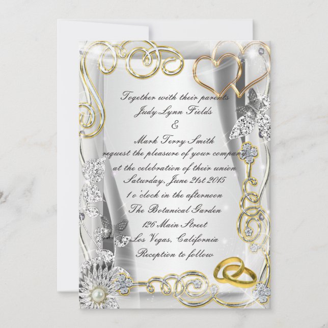Gold Wedding Rings And Hearts Invitation (Front)