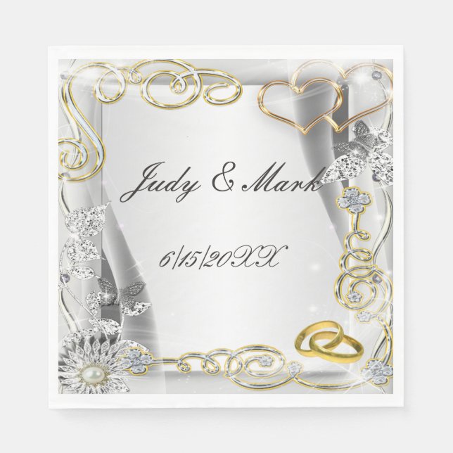 Gold Wedding Rings And Hearts Paper Napkins (Front)