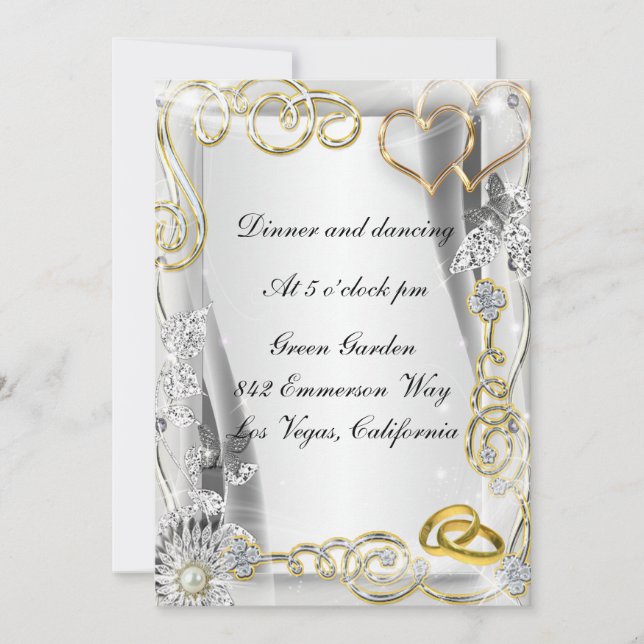 Gold Wedding Rings And Hearts Reception Card (Front)