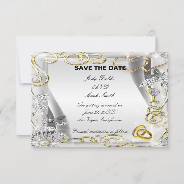 Gold Wedding Rings And Hearts Save The Date Card (Front)