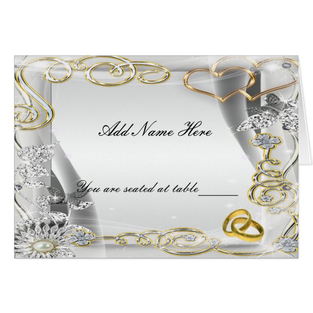 Gold Wedding Rings And Hearts Table Place Card (Front Horizontal)