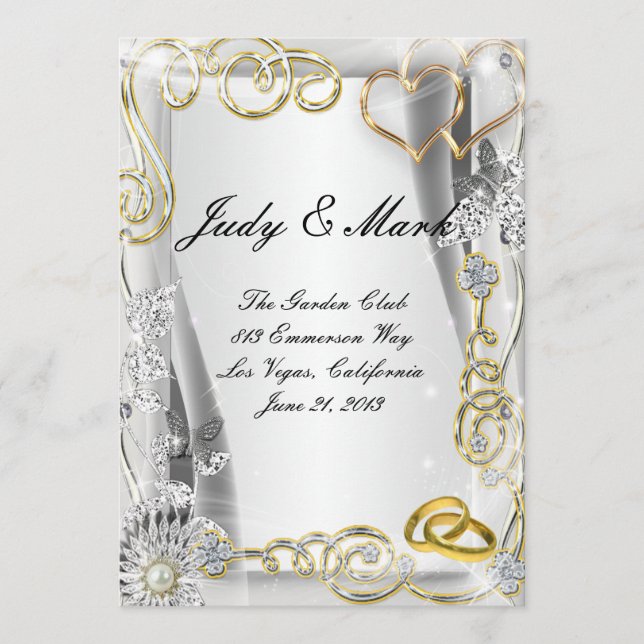 Gold Wedding Rings And Hearts Wedding Menu Card (Front)