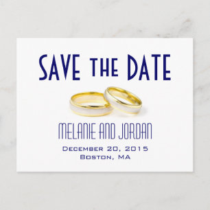 Gold Wedding Rings Blue Save the Date Postcards