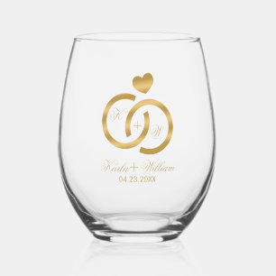 Gold Wedding Rings, Heart Custom Typography Stemless Wine Glass