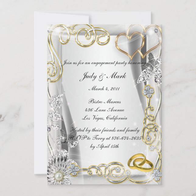 Gold Wedding Rings Hearts Engagement Party Invite (Front)