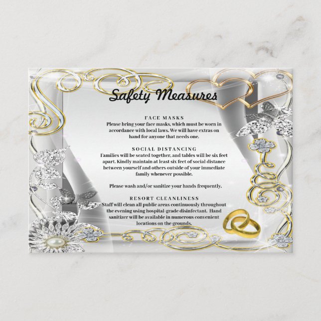 Gold Wedding Rings Hearts Safety Measures Enclosure Card (Front)