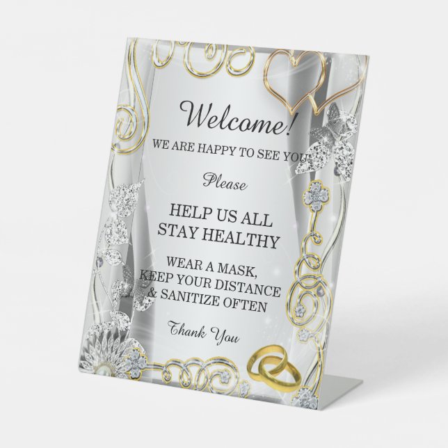 Gold Wedding Rings Hearts Wedding Safety  Pedestal Sign (Front)