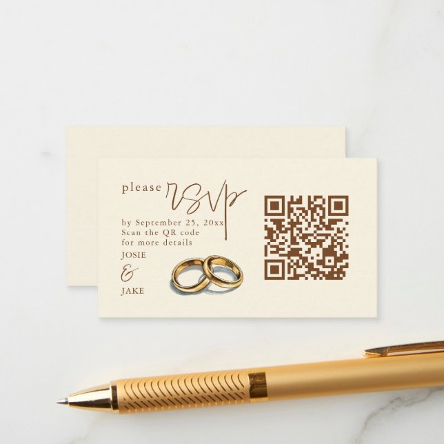 Gold Wedding Rings Illustration RSVP QR Code Enclosure Card (Front/Back In Situ)