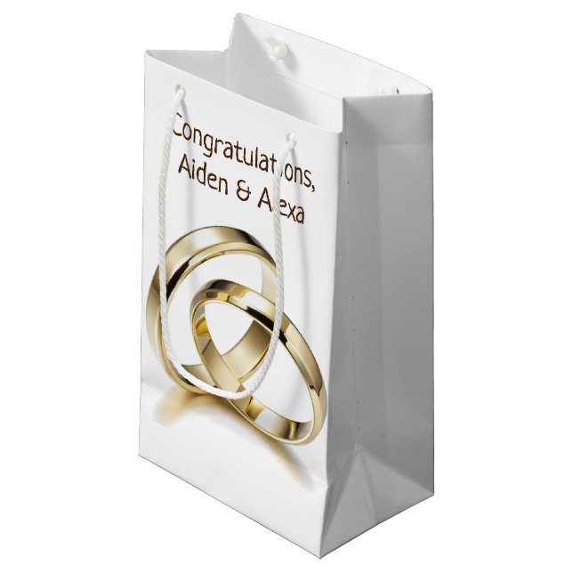 Gold Wedding Rings On White Small Gift Bag (Front Angled)