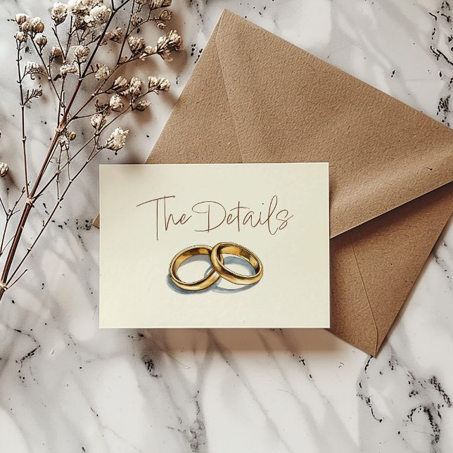 Gold wedding rings the details RSVP Enclosure (A stunning illustration of two gold wedding rings, the details card.)