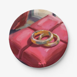 Gold Wedding Rings Watercolor Painting Red Paper Plate