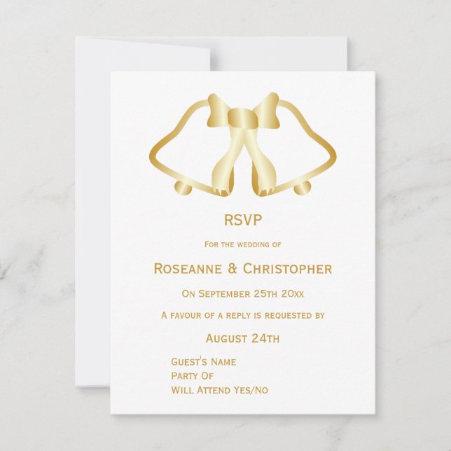 Gold Wedding RSVP Card Bells And Ribbon (Front)