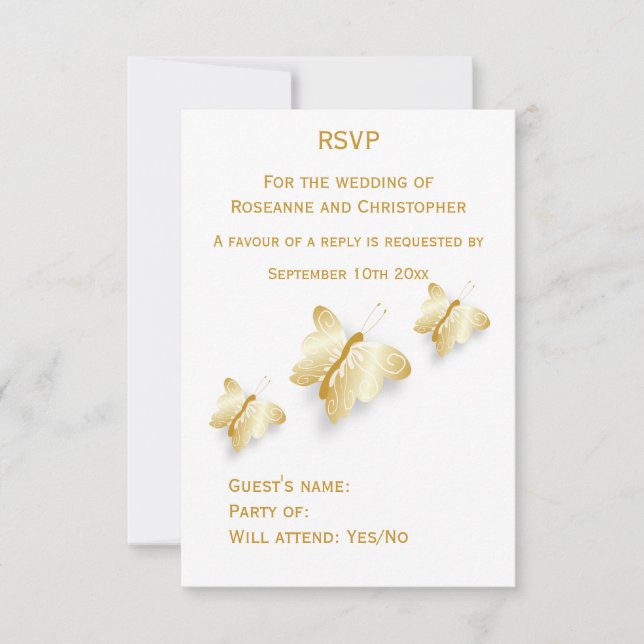 Gold Wedding RSVP Card Butterflies Design (Front)