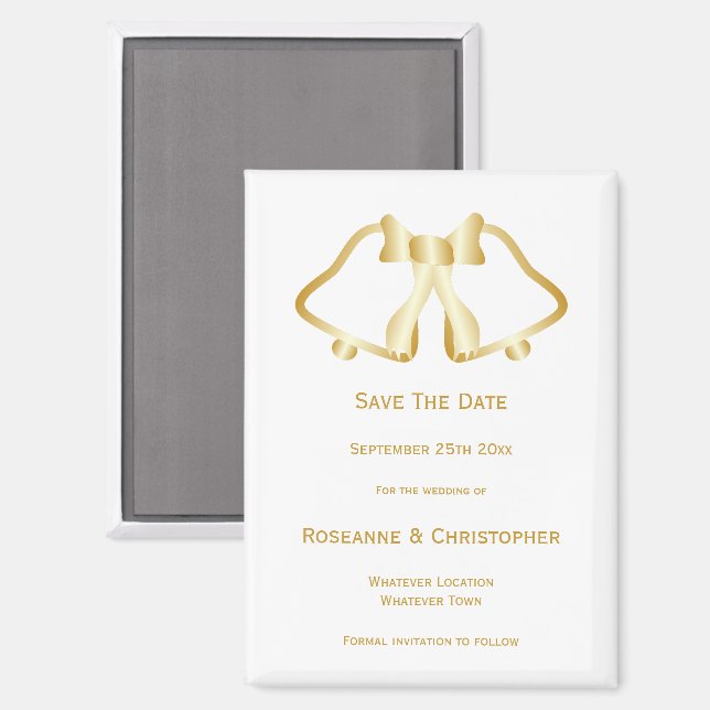 Gold Wedding Save The Date Magnet Bells Ribbon (Front/Back)