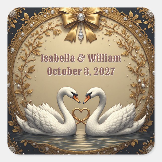 Gold Wedding Swan Couple Theme 💍 Square Sticker (Front)