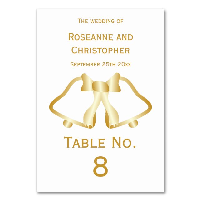 Gold Wedding Table Number Card Bells And Ribbon (Front)