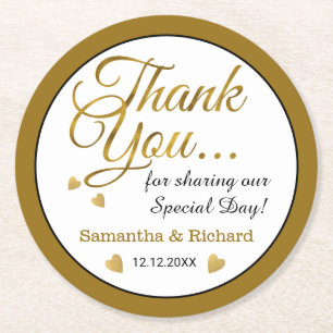 Gold Wedding Thank You Favour Name Personalised Round Paper Coaster